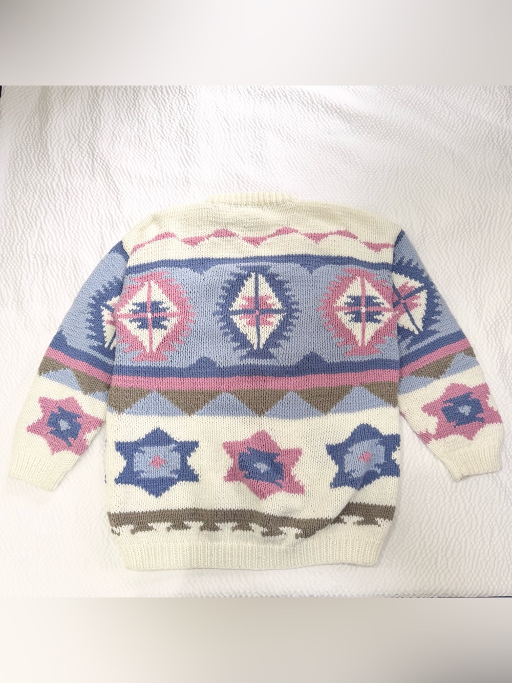 Vintage 90s Karuba Knit Crewneck Sweater Geometric Pastel Cottagecore Chunky S - Picture 2 of 5